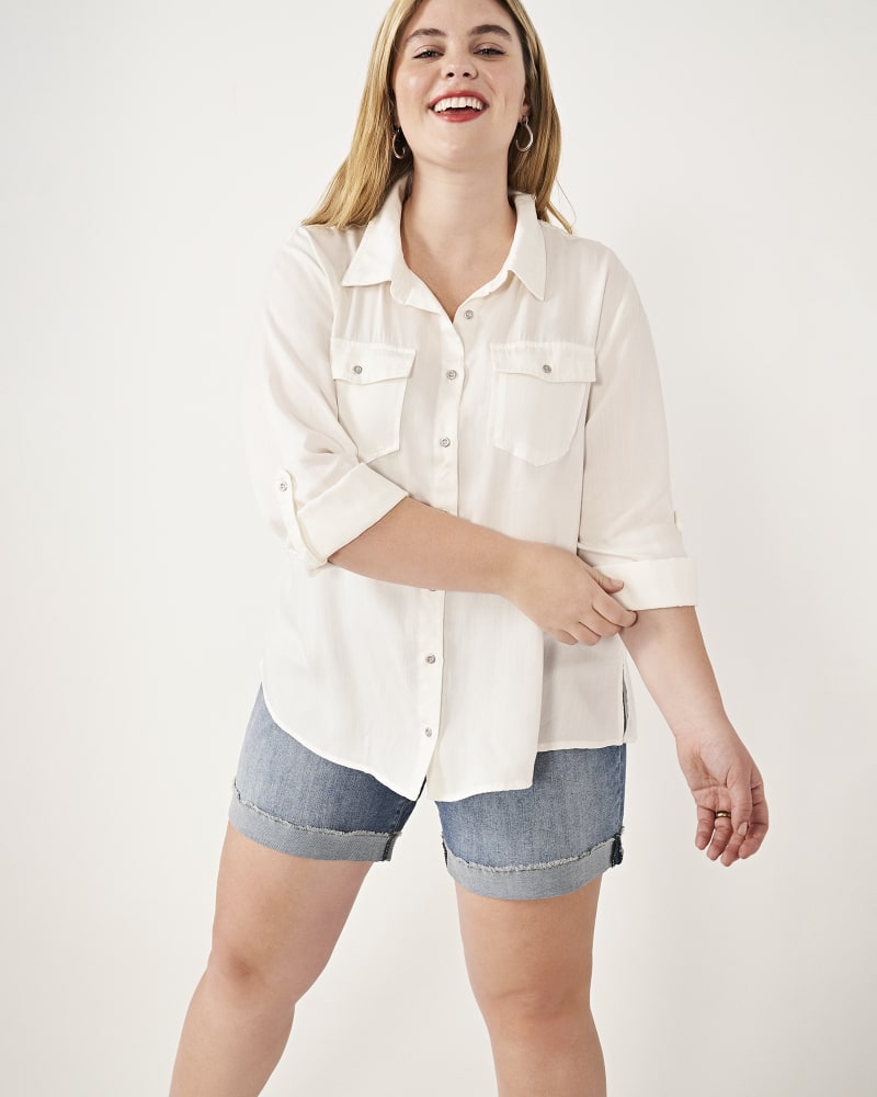 Front of 5'11'' model wearing a plus size Myla Button-Down Chambray Shirt in White by Molly & Isadora. | dia_product_style_image_id:274199